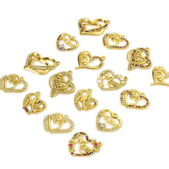 Eco-friendly 304 Stainless Steel Mother's Day Charms Gold Plated Heart Message " Mom " Enamel Multicolor Rhinestone の画像