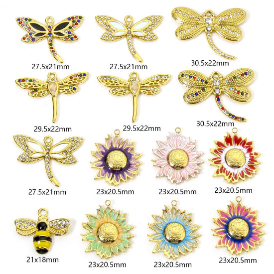 Изображение Eco-friendly 304 Stainless Steel Pastoral Style Charms Gold Plated Multicolor Bee Animal Sunflower Enamel Clear Rhinestone