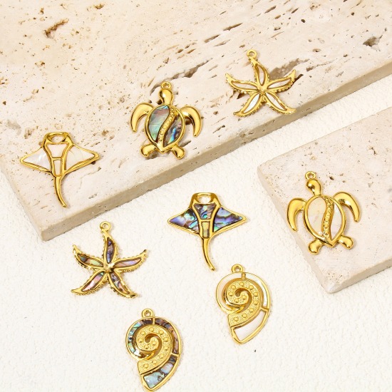 Bild von 1 Stück Umweltfreundlich 304 Edelstahl & Natürliche Muschel Ozean Schmuck Charms Schildkröte Vergoldet Strandschnecke