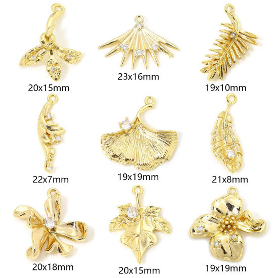 Picture of 2 PCs Eco-friendly Brass Charms 18K Gold Plated Flower Leaf Clear Cubic Zirconia