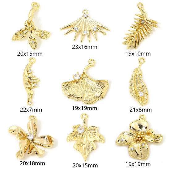 Image de 2 Pcs Breloques en Laiton Respectueux de la Nature Fleur Plaqué Or 18K Feuilles à Zircone Cubique Clair