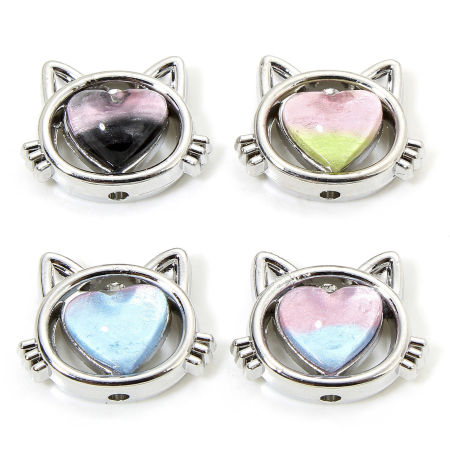 Picture of Zinc Based Alloy Spacer Beads For DIY Jewelry Making Antique Silver Color Cat Animal Heart With Resin Cabochons About 17mm x 13mm, Hole: Approx 1.5mm