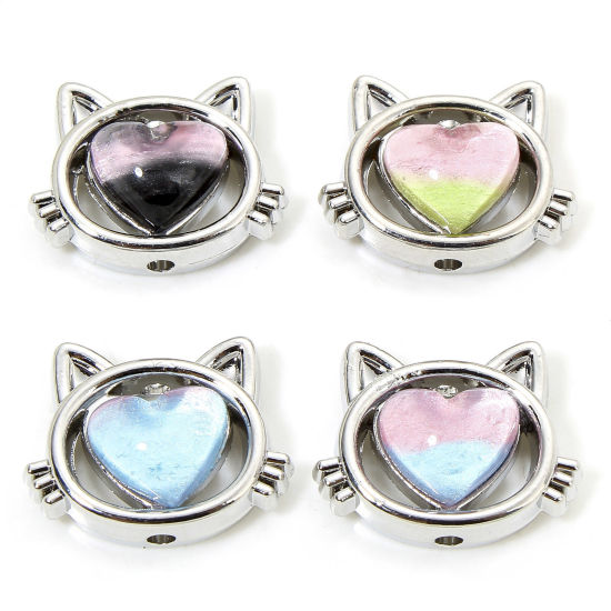 Image de 5 PCs Zinc Based Alloy Spacer Beads For DIY Charm Jewelry Making Antique Silver Color Cat Animal Heart With Resin Cabochons About 17mm x 13mm, Hole: Approx 1.5mm
