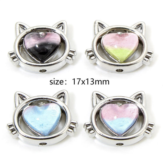Image de 5 PCs Zinc Based Alloy Spacer Beads For DIY Charm Jewelry Making Antique Silver Color Cat Animal Heart With Resin Cabochons About 17mm x 13mm, Hole: Approx 1.5mm