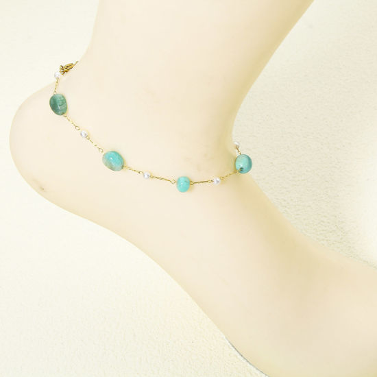 Picture of Vacuum Plating 304 Stainless Steel & Gemstone Link Cable Chain Anklet 18K Gold Plated Irregular
