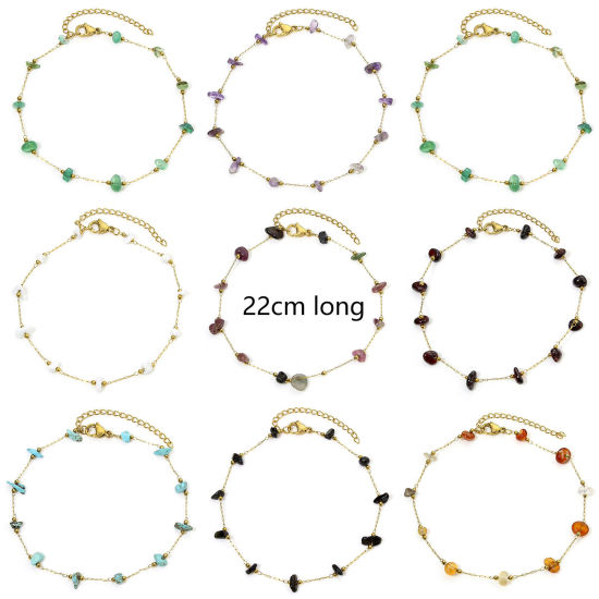 Picture of 1 Piece Vacuum Plating 304 Stainless Steel & Gemstone Link Cable Chain Anklet 18K Gold Plated 22cm(8 5/8") long