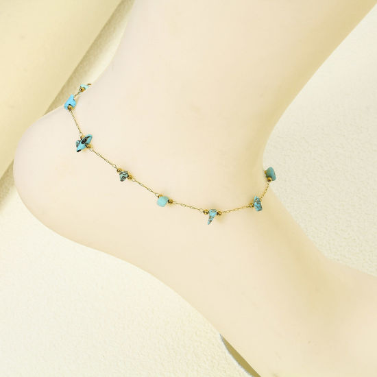 Picture of 1 Piece Vacuum Plating 304 Stainless Steel & Gemstone Link Cable Chain Anklet 18K Gold Plated 22cm(8 5/8") long