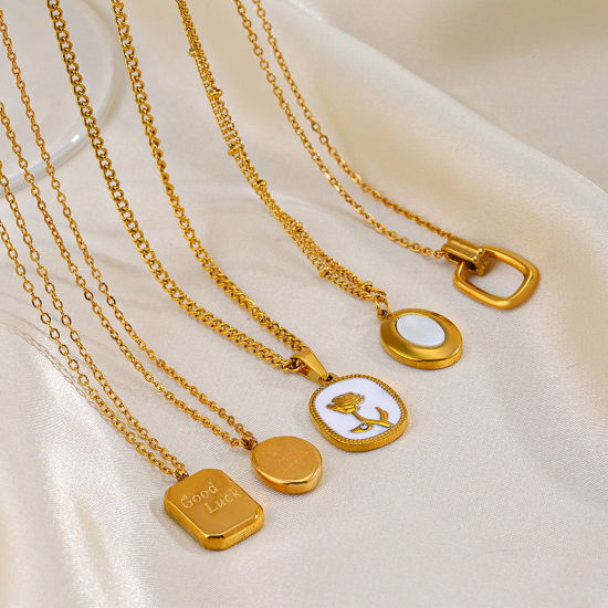 Immagine di 1 Pz Placcatura Sottovuoto Ecologica Semplice & Casual Elegante Placcato Oro 18K 304 Acciaio Inossidabile Rollo Catena Rettangolo Messaggio " GOOD LUCK " Collana con Ciondolo Per Donne
