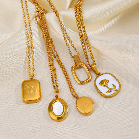 Immagine di 1 Pz Placcatura Sottovuoto Ecologica Semplice & Casual Elegante Placcato Oro 18K 304 Acciaio Inossidabile Rollo Catena Rettangolo Messaggio " GOOD LUCK " Collana con Ciondolo Per Donne
