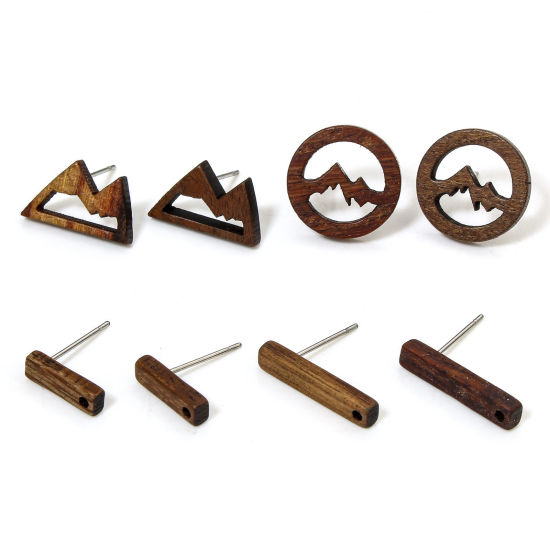 Picture of Natural Wood Ear Post Stud Earrings Findings Mountain Brown With Loop