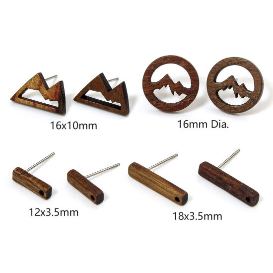 Picture of Natural Wood Ear Post Stud Earrings Findings Mountain Brown With Loop