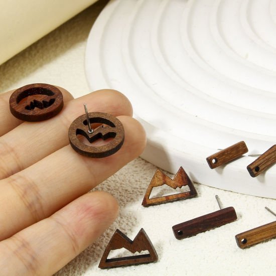 Picture of Natural Wood Ear Post Stud Earrings Findings Mountain Brown With Loop