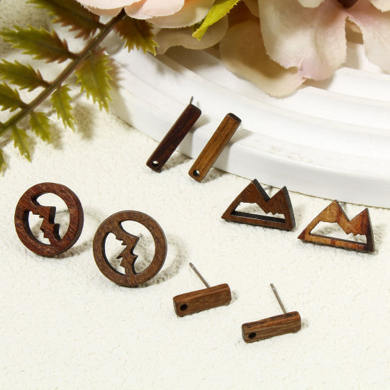Picture of Natural Wood Ear Post Stud Earrings Findings Mountain Brown With Loop