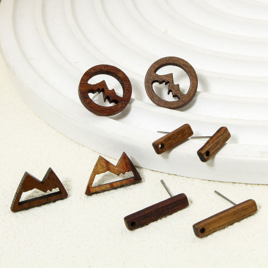 Picture of Natural Wood Ear Post Stud Earrings Findings Mountain Brown With Loop