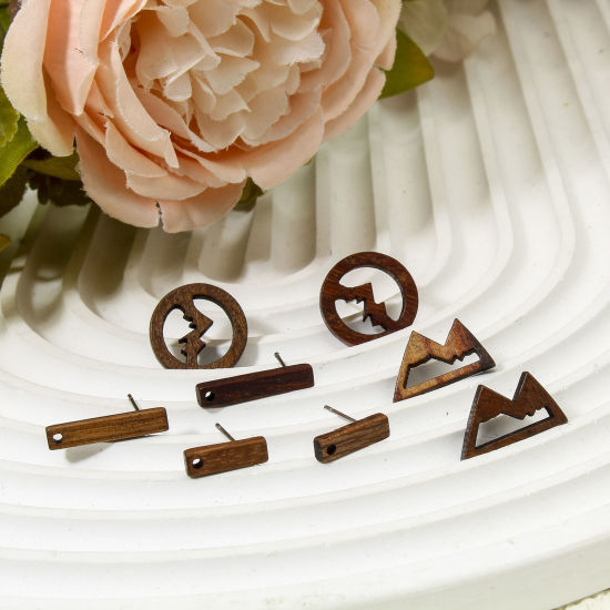Picture of Natural Wood Ear Post Stud Earrings Findings Mountain Brown With Loop