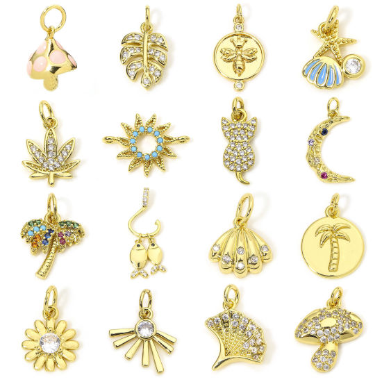 Image de 1 Piece Eco-friendly Brass Micro Pave Charms 18K Real Gold Plated Leaf Sun Clear Cubic Zirconia