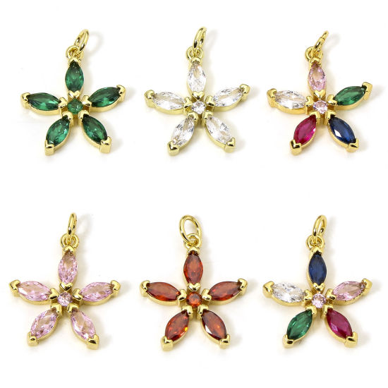 Immagine di 1 Pz Ecologico Ottone Ciondoli Fiore 18K Vero Oro Placcato Multicolore Strass 22mm x 17mm