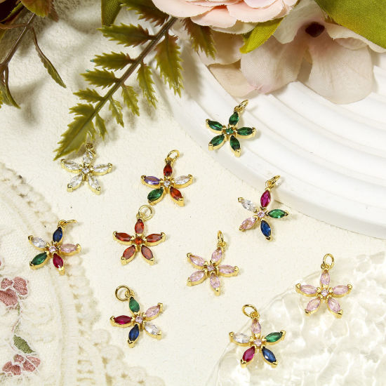 Immagine di 1 Pz Ecologico Ottone Ciondoli Fiore 18K Vero Oro Placcato Multicolore Strass 22mm x 17mm