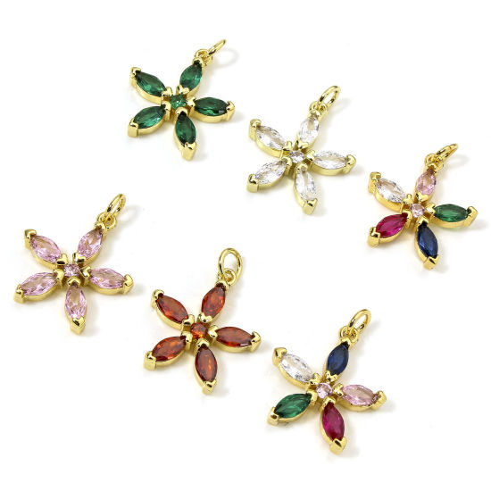 Immagine di 1 Pz Ecologico Ottone Ciondoli Fiore 18K Vero Oro Placcato Multicolore Strass 22mm x 17mm
