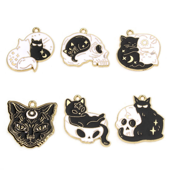 Picture of Zinc Based Alloy Halloween Charms Gold Plated Black & White Skeleton Skull Cat Enamel