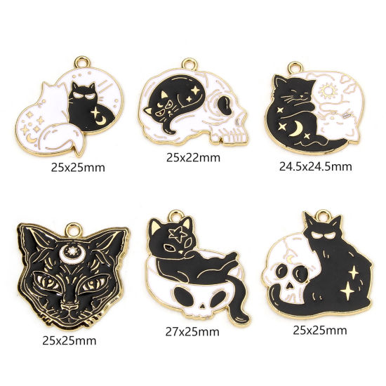 Picture of Zinc Based Alloy Halloween Charms Gold Plated Black & White Skeleton Skull Cat Enamel