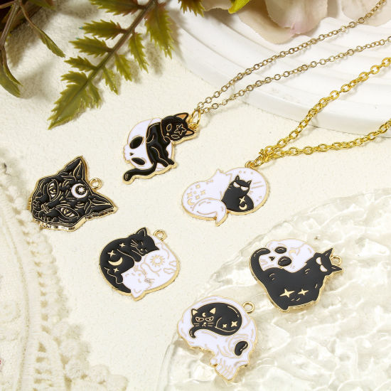 Picture of Zinc Based Alloy Halloween Charms Gold Plated Black & White Skeleton Skull Cat Enamel