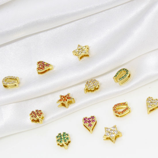 Immagine di 1 Pz Ipoallergenico Ottone Squisito Perline per la Creazione di Gioielli con Ciondoli Fai-da-te Placcato Oro 18K Fiore Cuore Micro Spianare Multicolore Cubic Zirconiae
