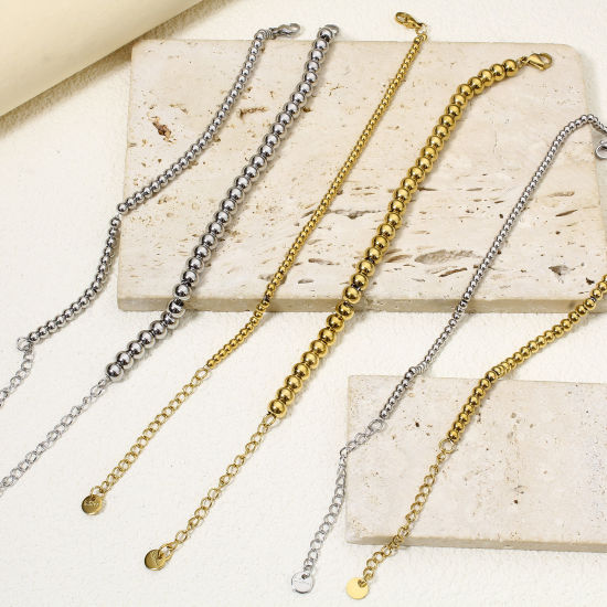 Picture of Vacuum Plating 304 Stainless Steel Beaded Chain Bracelets With Lobster Claw Clasp And Extender Chain