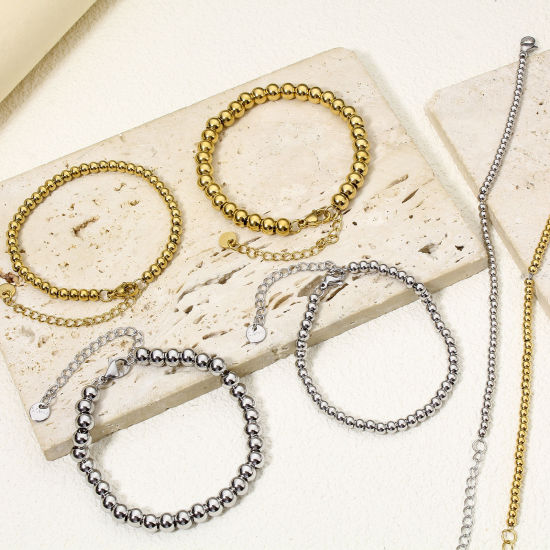 Picture of Vacuum Plating 304 Stainless Steel Beaded Chain Bracelets With Lobster Claw Clasp And Extender Chain