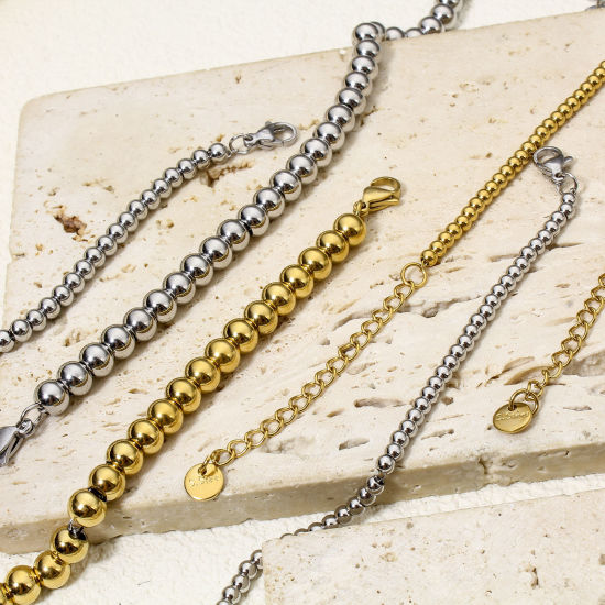 Picture of Vacuum Plating 304 Stainless Steel Beaded Chain Bracelets With Lobster Claw Clasp And Extender Chain