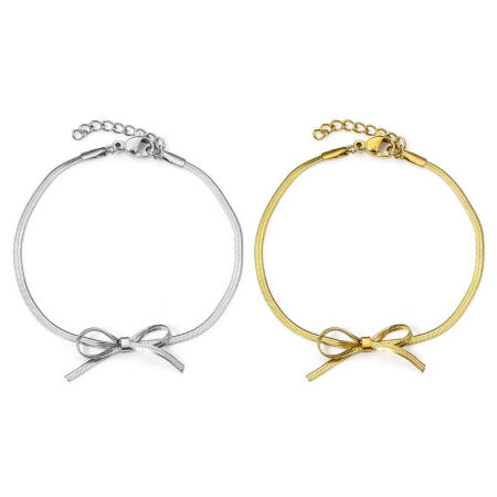 1 Unidad Enchapado al Vacío 304 Acero Inoxidable Cadena de Serpiente Plana Pulseras Nudo Mariposa Con Broche de Langosta y Extensor Cadena 16cm longitud