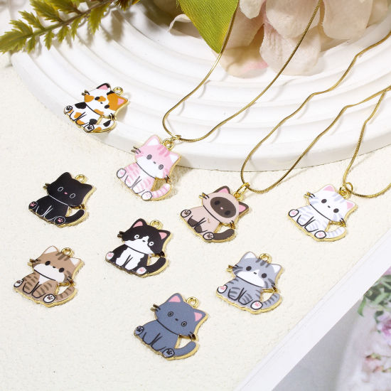 Picture of 10 PCs Zinc Based Alloy Charms Gold Plated Multicolor Cat Animal Enamel 24mm x 23mm