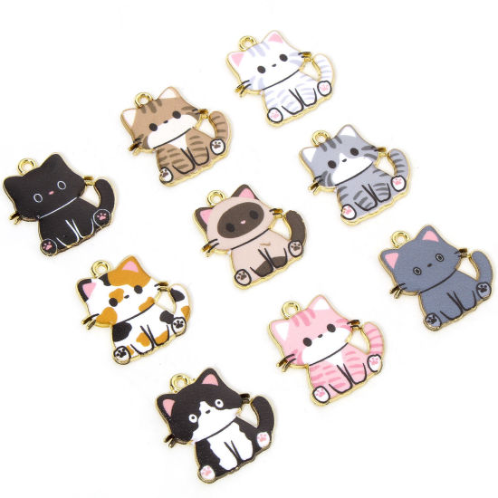 Picture of 10 PCs Zinc Based Alloy Charms Gold Plated Multicolor Cat Animal Enamel 24mm x 23mm
