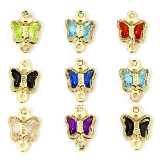 Bild von 10 Stück Messing und Glas Insekt Steckverbinder Charms Anhänger Vergoldet Bunt Schmetterling 11mm x 7mm