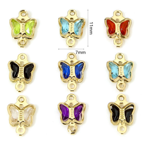 Bild von 10 Stück Messing und Glas Insekt Steckverbinder Charms Anhänger Vergoldet Bunt Schmetterling 11mm x 7mm