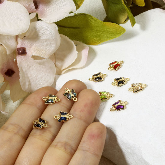 Bild von 10 Stück Messing und Glas Insekt Steckverbinder Charms Anhänger Vergoldet Bunt Schmetterling 11mm x 7mm
