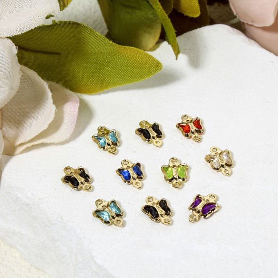 Bild von 10 Stück Messing und Glas Insekt Steckverbinder Charms Anhänger Vergoldet Bunt Schmetterling 11mm x 7mm