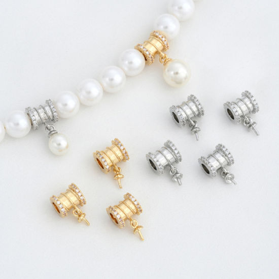 Picture of Eco-friendly Brass Pearl Pendant Connector Bail Pin Cap Real Gold Plated Cylinder Clear Cubic Zirconia 14mm x 8mm, Needle Thickness: 0.8mm