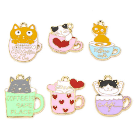 Picture of Zinc Based Alloy Charms Gold Plated Multicolor Cat Animal Cup Enamel