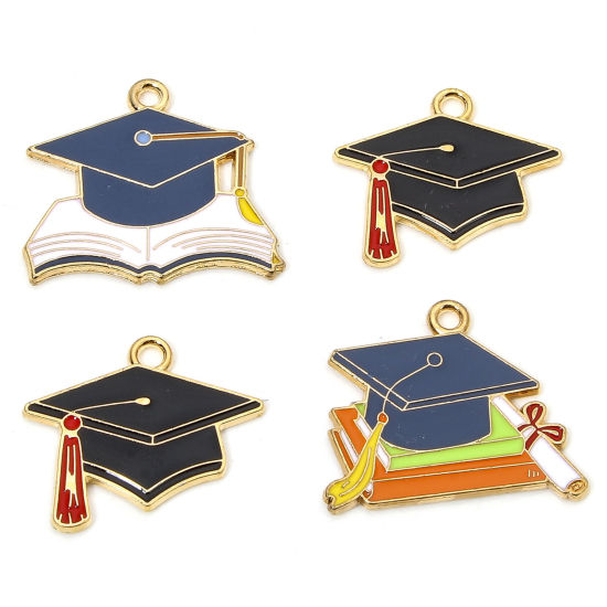 Picture of Zinc Based Alloy College Jewelry Charms Gold Plated Multicolor Trencher Cap Enamel