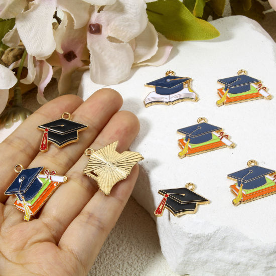 Picture of Zinc Based Alloy College Jewelry Charms Gold Plated Multicolor Trencher Cap Enamel