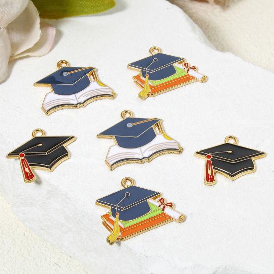 Picture of Zinc Based Alloy College Jewelry Charms Gold Plated Multicolor Trencher Cap Enamel