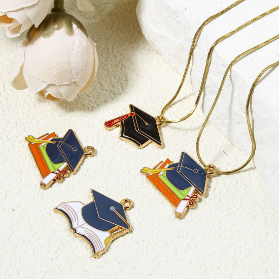 Picture of Zinc Based Alloy College Jewelry Charms Gold Plated Multicolor Trencher Cap Enamel