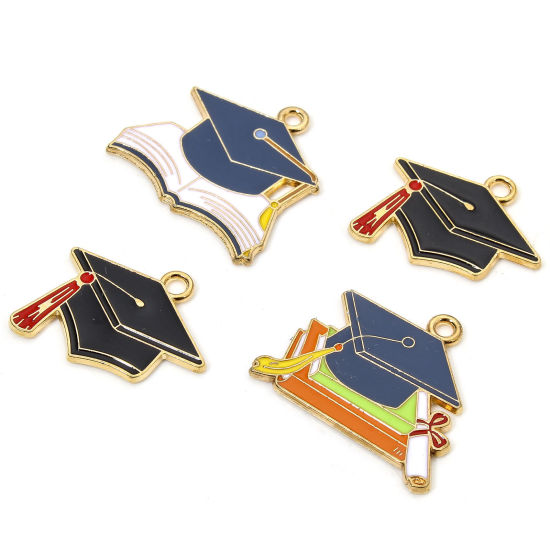 Picture of Zinc Based Alloy College Jewelry Charms Gold Plated Multicolor Trencher Cap Enamel