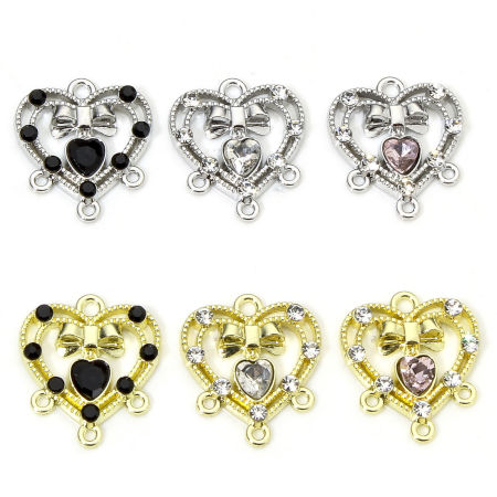 Zinc Based Alloy Valentine's Day Chandelier Connectors Multicolor Heart Bowknot Hollow Clear Rhinestone 18mm x 16mm
