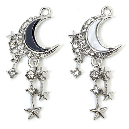Picture of Zinc Based Alloy Galaxy Pendants Silver Tone Half Moon Tassel Micro Pave Clear Rhinestone 3.8cm x 1.8cm