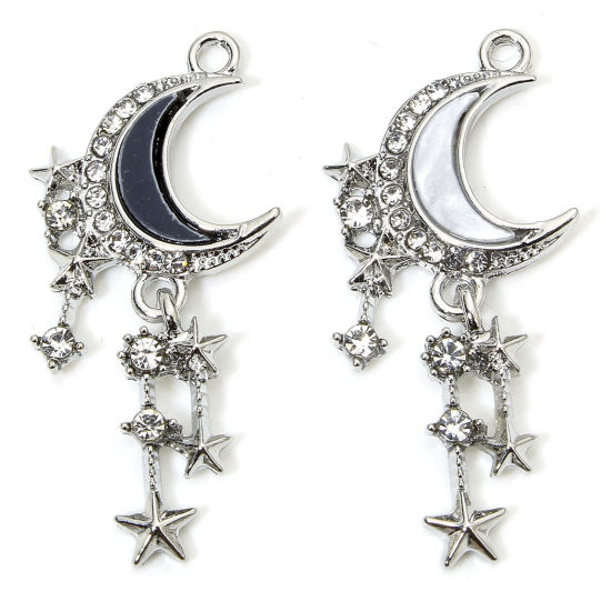 Image de 5 Pcs Pendentifs Galaxie en Alliage de Zinc Argent Mat Demi Lune Franges à Strass Transparent Micro Pave 3.8cm x 1.8cm