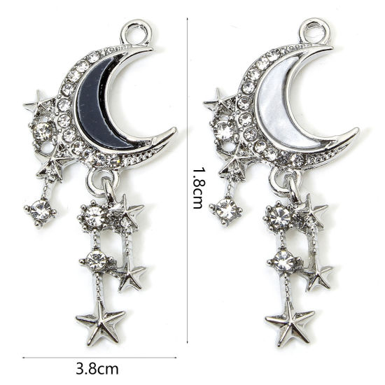 Image de 5 Pcs Pendentifs Galaxie en Alliage de Zinc Argent Mat Demi Lune Franges à Strass Transparent Micro Pave 3.8cm x 1.8cm