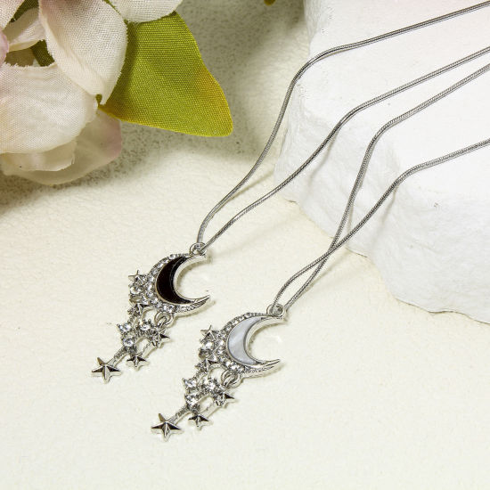 Image de 5 Pcs Pendentifs Galaxie en Alliage de Zinc Argent Mat Demi Lune Franges à Strass Transparent Micro Pave 3.8cm x 1.8cm