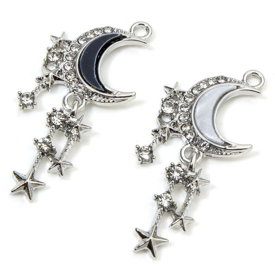 Image de 5 Pcs Pendentifs Galaxie en Alliage de Zinc Argent Mat Demi Lune Franges à Strass Transparent Micro Pave 3.8cm x 1.8cm